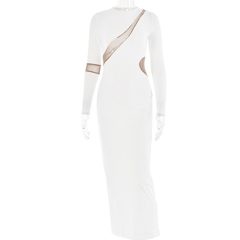 European and American crew neck long-sleeved dress women's fashion hot-selling sexy spice girl tight body sculpting high elastic splicing long dress