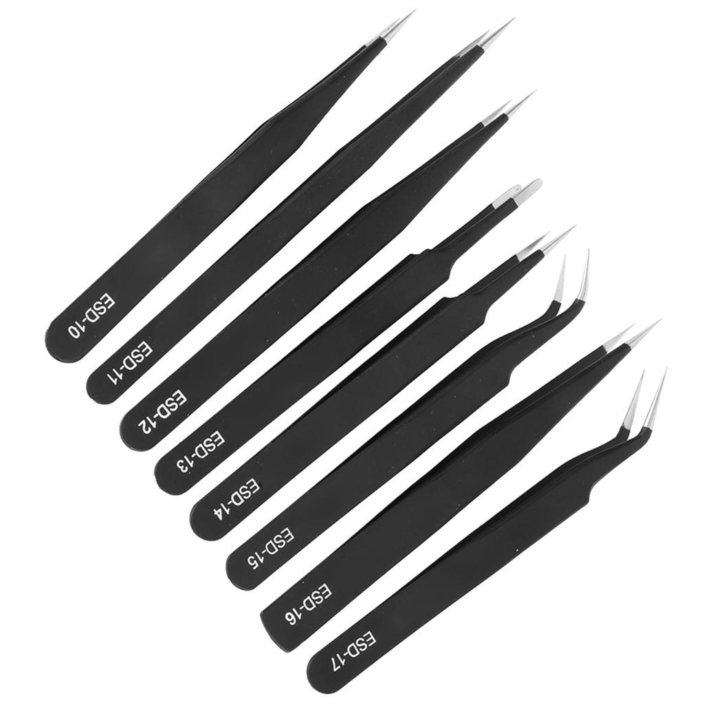 8Pcs Tweezers Stainless Steel Slant Professional Pneumatic Accurate Set ESD1017