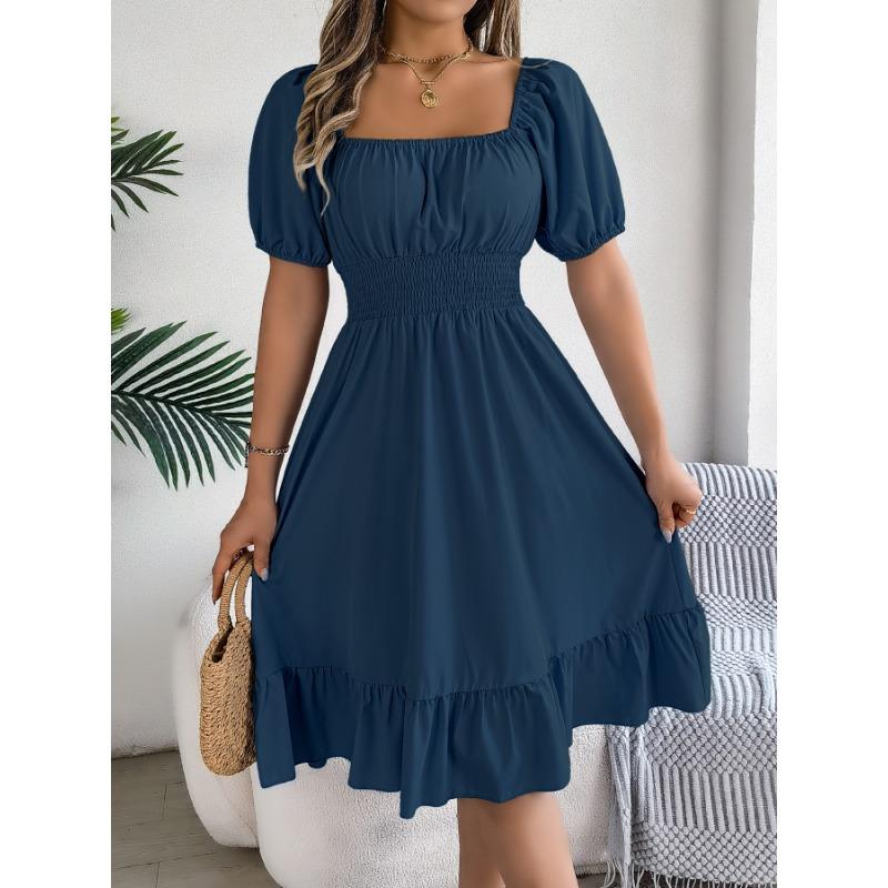 Women Casual Square Neck Short Sleeve High Waist Ruffle A Line Midi Dress