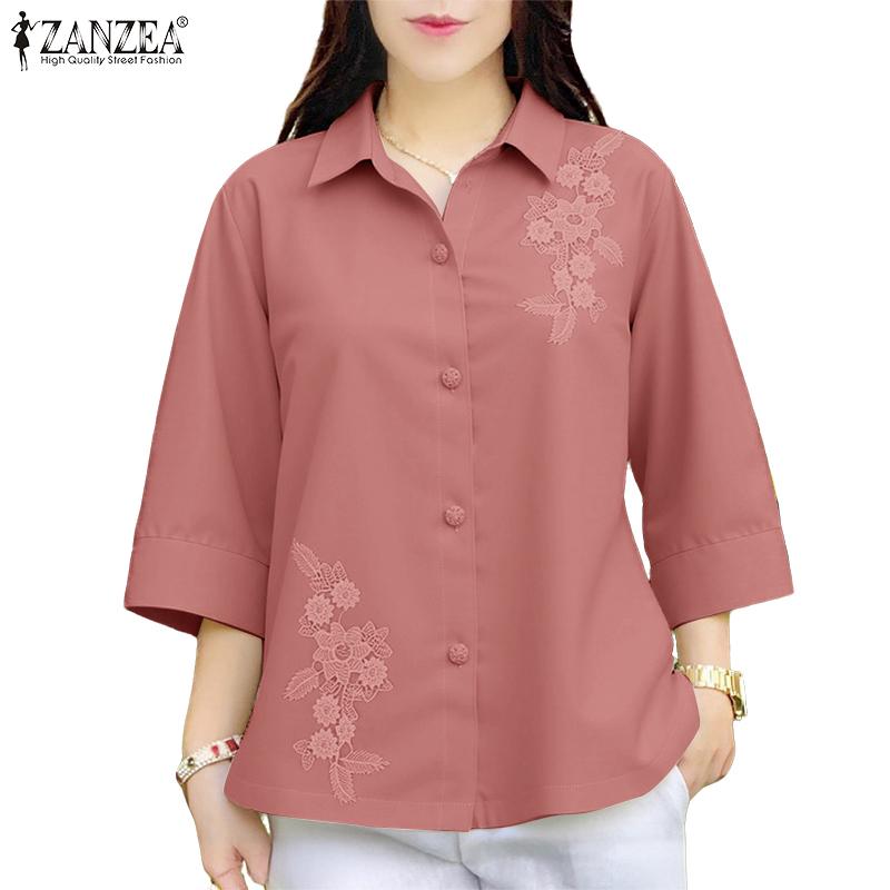 ZANZEA Women Turn Down Collar 3/4 Sleeve Loose Splice Blouse