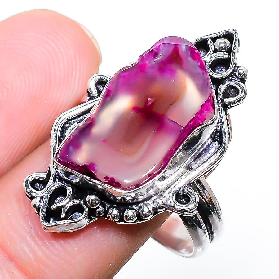 Pink Druzy Slice Gemstone Handmade 925 Sterling Silver Jewelry Pendant 3.55"