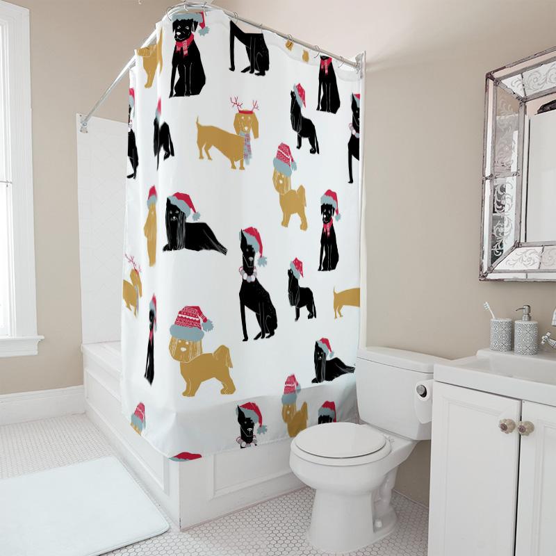 TU Cute Dog Christmas Shower Curtain Waterproof Festive Holiday Bathroom Decor Farmhouse Style Modern Pattern Holiday Gift Dog L