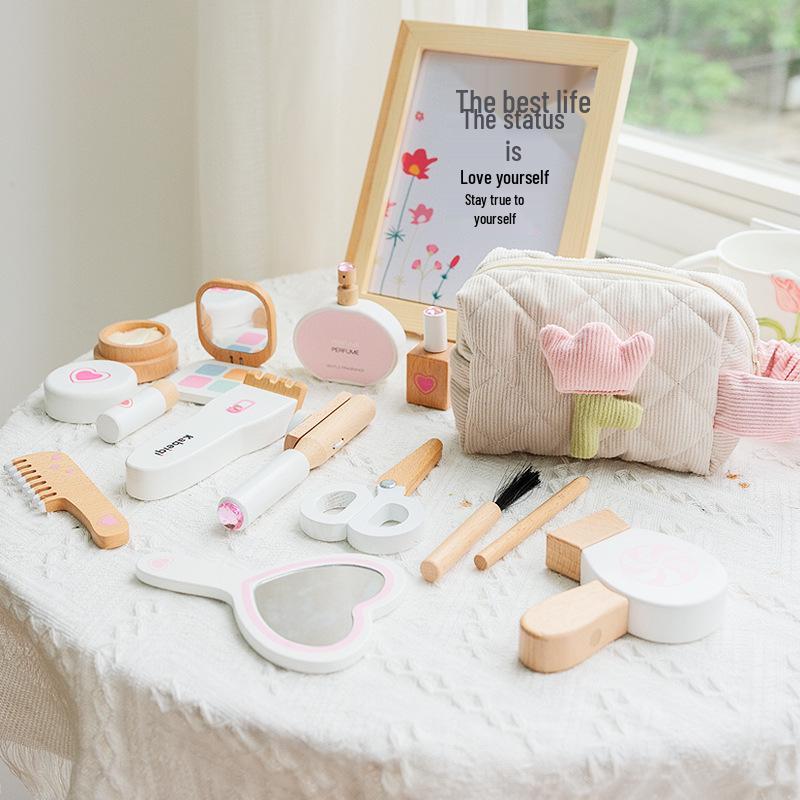 

Children s Wooden Vanity Table with Makeup Bag - Pretend Play Princess Cosmetics Set