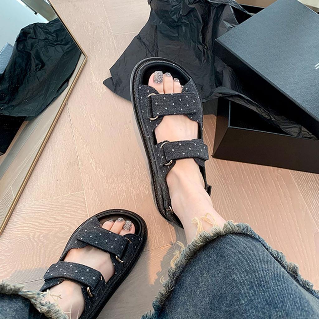 Fashion Famous Designer Double band jeans sandals women polka dot denim thick platform sandalias mujer flat canvas buckle sandales 2025