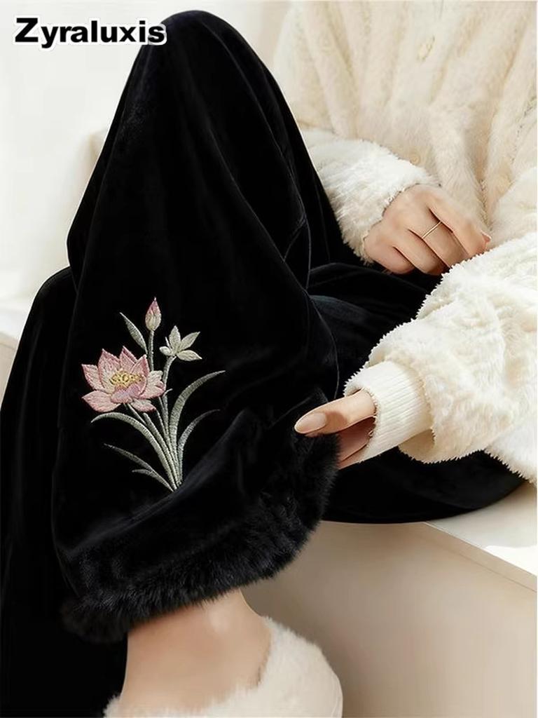 Fleece-lined Thick Chinese Style Gauze Pants for Women, Fashion Printed Flare Leggings with High-End Slim Fit