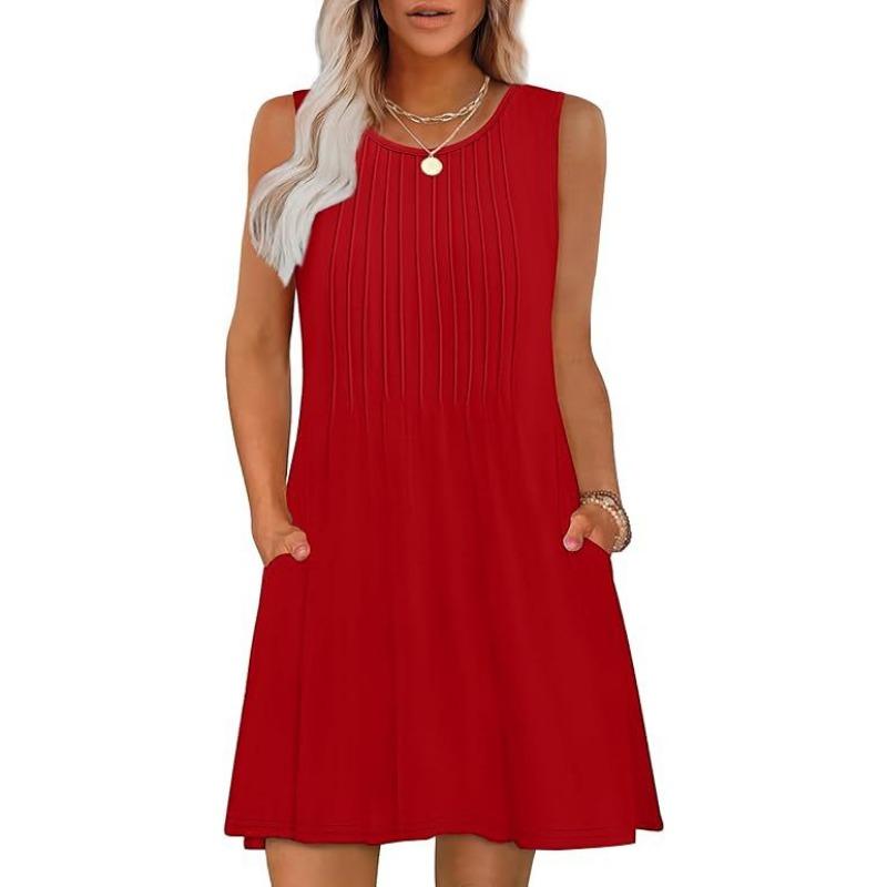 Dámské strečové bezrukávové šaty s potiskem a kapsou s kulatým výstřihem