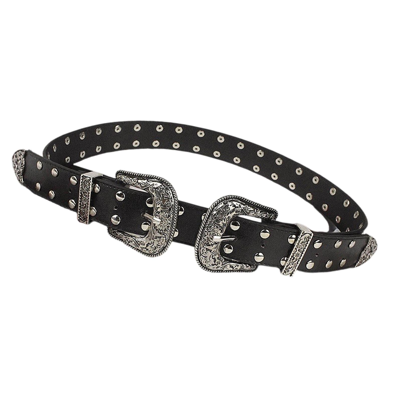 

Готический Y2K Вдохновленный Двойной Ремень с Пряжками, Украшенный Клепками, Винтажный Панк Аксессуар из Искусственной ПУ Кожи чёрный