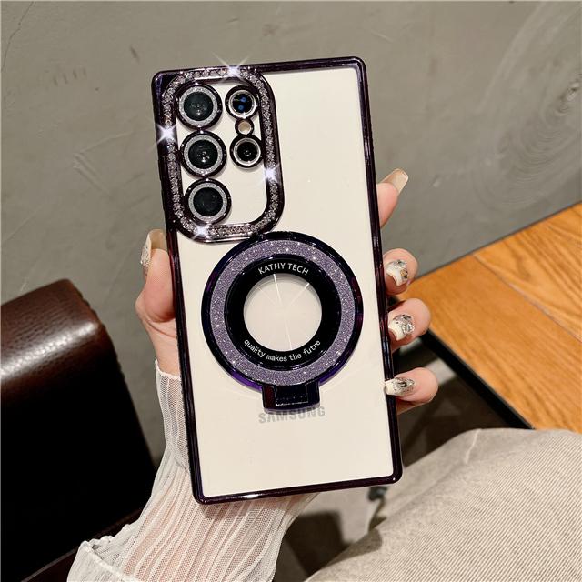 For Samsung Galaxy S25Ultra Luxury Flash Diamond Plating Frame Glitter Stand Holder Phone Case For Samsung S22 S23 S24Plus Cover