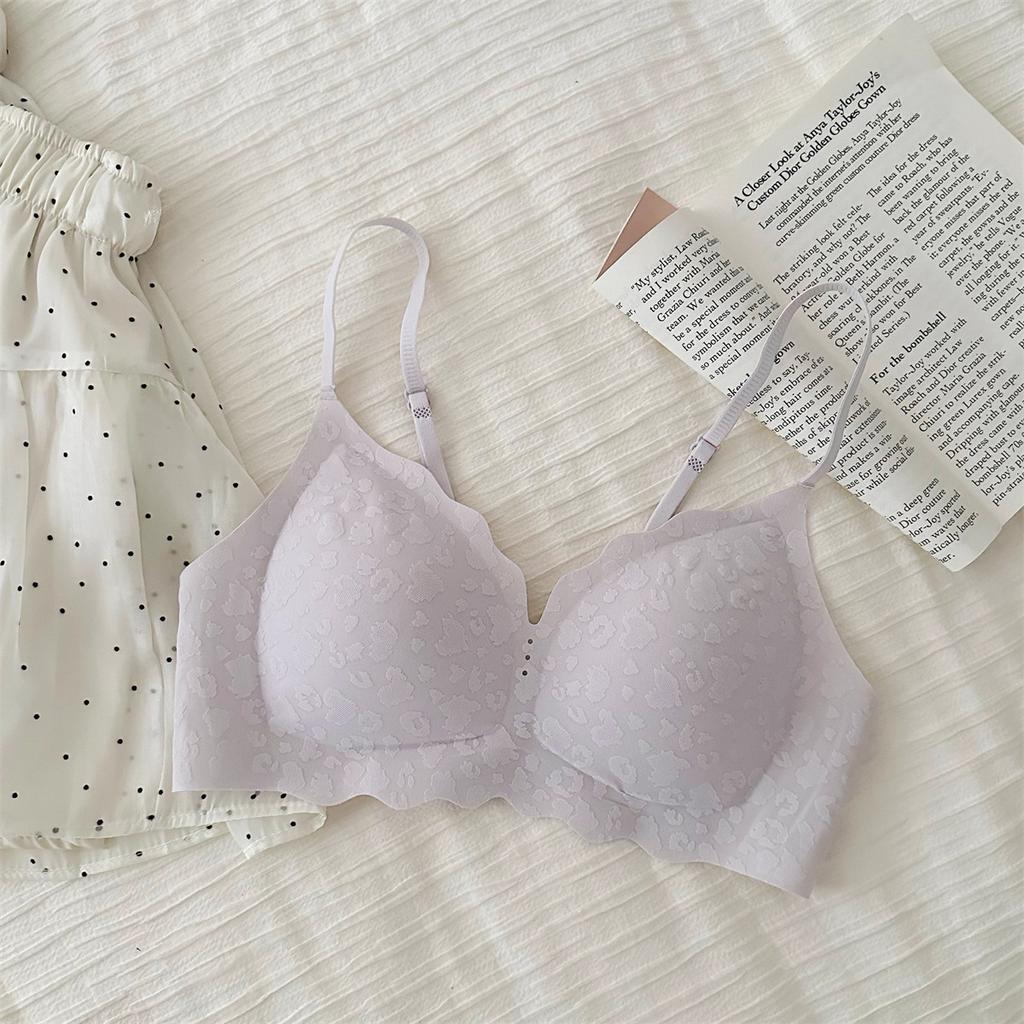 Cream floral, underwear women's small breasts gather thin, no steel ring jelly strip soft support pull French bra cover