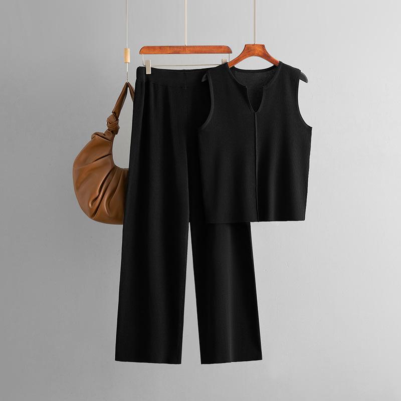 Summer New Simple Sleeveless Knitted Top Fashion Suit Casual Wide-leg Pants Two-piece Set Women