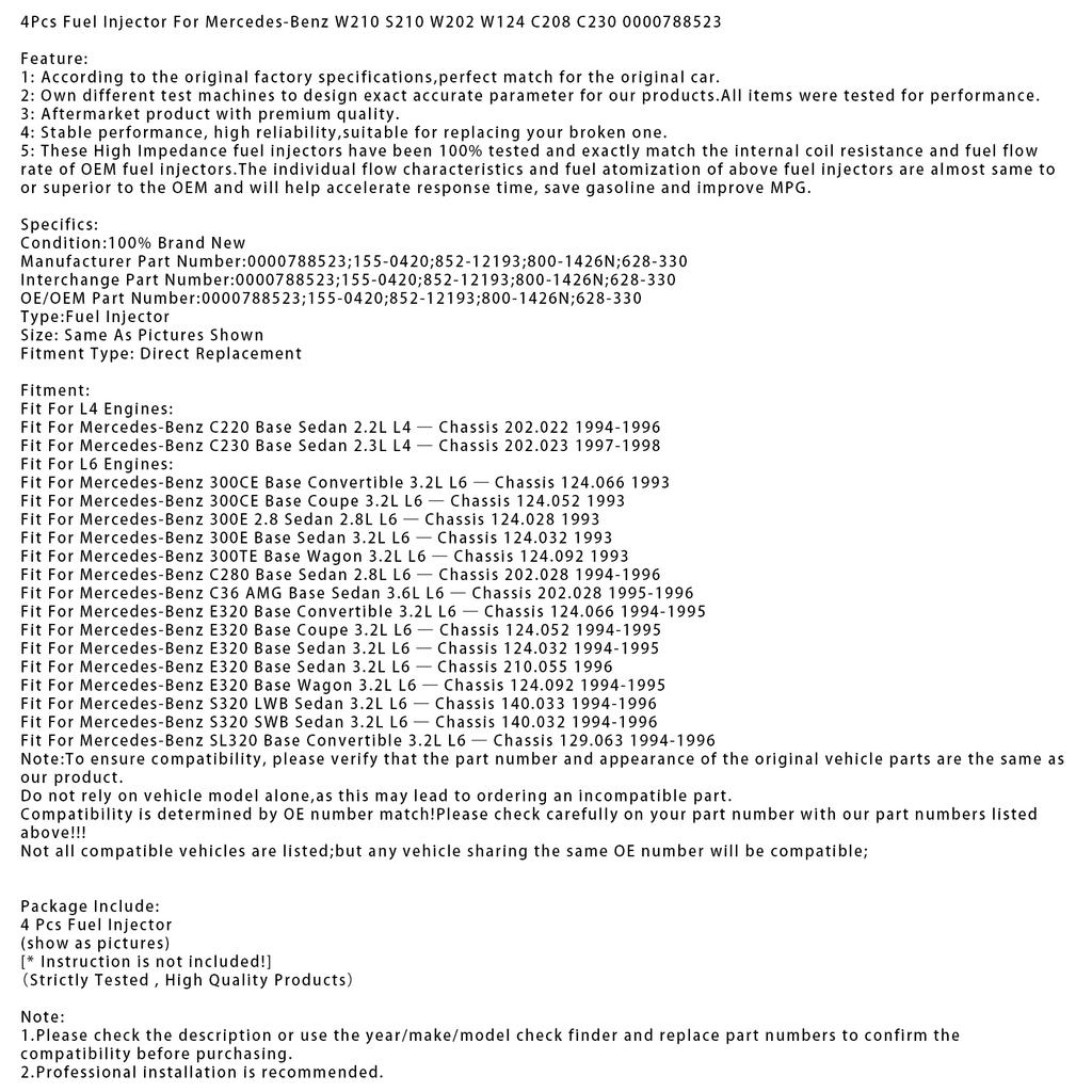 4Pcs Fuel Injector For Mercedes-Benz W210 S210 W202 W124 C208 C230 0000788523