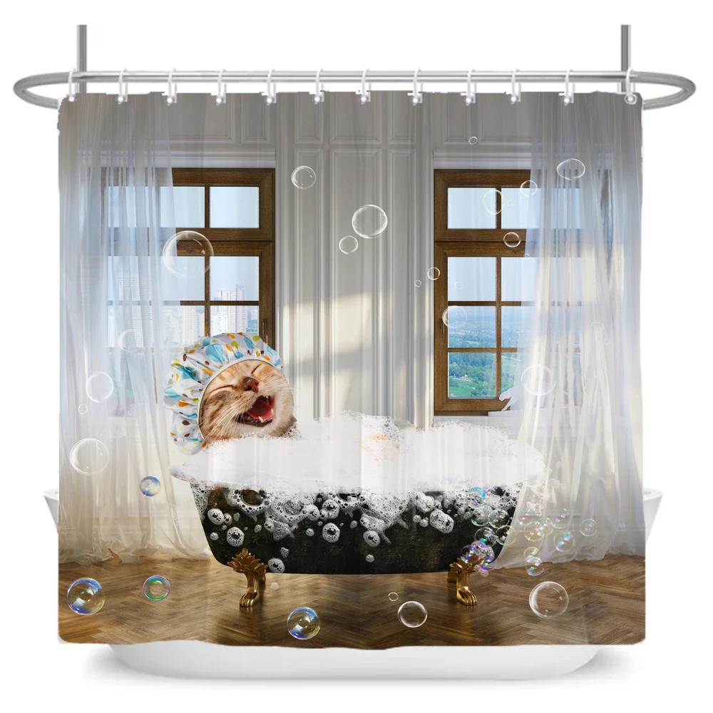 Funny Cute Cartoon Bathing Cat Dog Shower Curtains Bathroom Bathtub Decoration Waterproof Bath Curtain Home Decor with Hooks