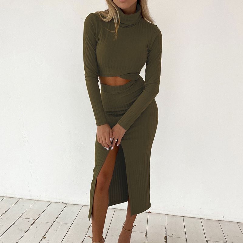 

European and American-Style Fashion High Collar Sunken Stripe Women s Two-Piece Set Dark green L