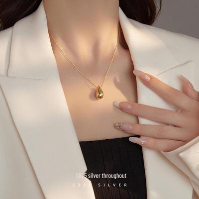 Banyan Tree S925 Silver Gold Water Drop Pendant Necklace - Elegant Bean Clavicle Chain