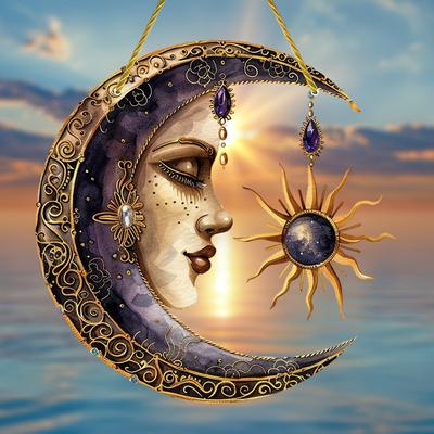 Attrape-lumière de jardin rond en acrylique 2D, motif soleil et lune, 20 cm, à suspendre à une fenêtre, décoration d'intérieur