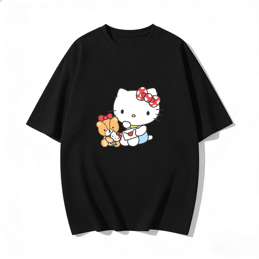 2026 Summer Hello Kitty Cartoon Printed Short Sleeve Pure Cotton Tshirts Womens Family Matching Outfits Tops Tee Trendy Y2k