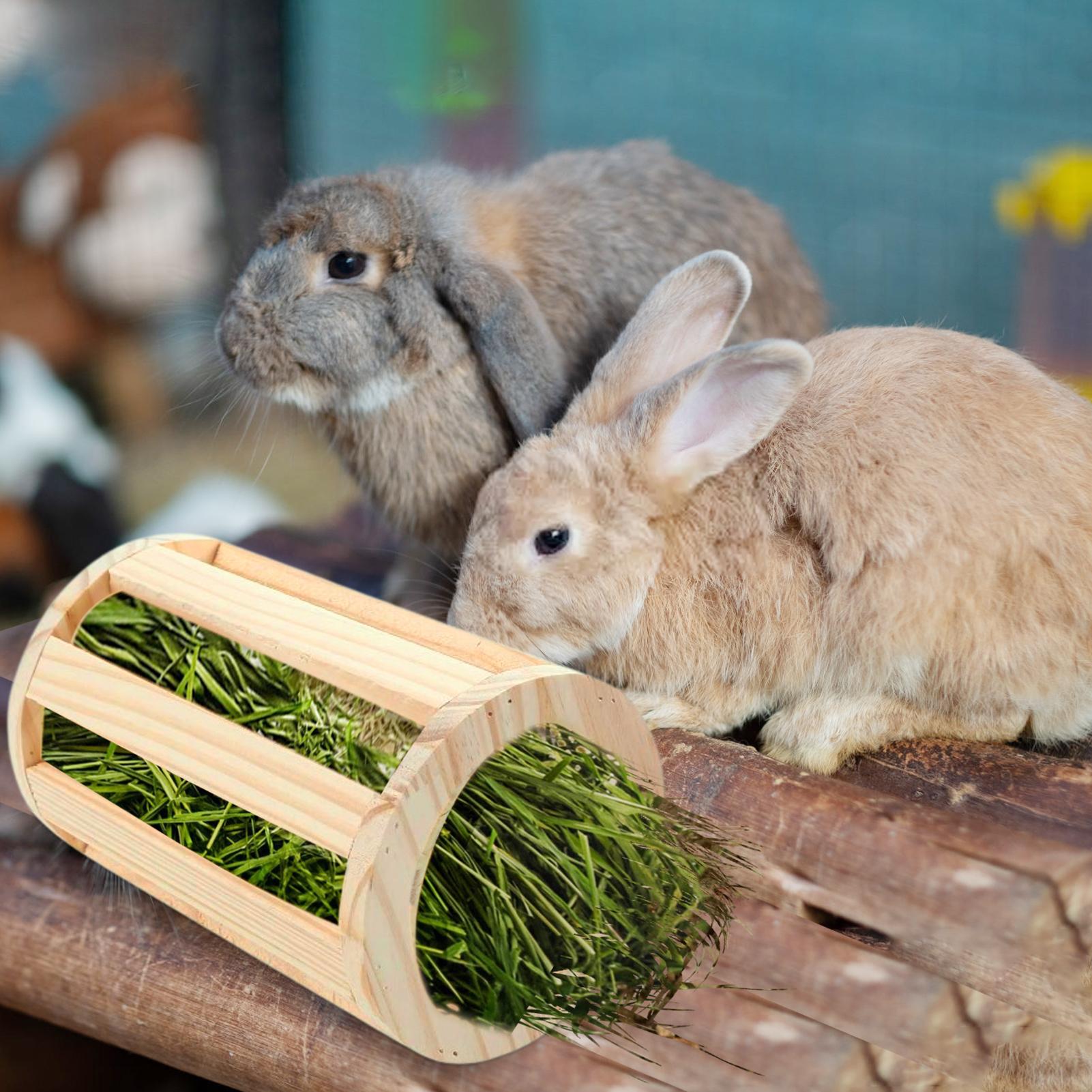 Rabbit Guinea Pigs Pet Animal Feeder Assessories Chinchilla Food Hay Bin Dispenser Hay Rack Food Bowl Cylindrical Wood Mountable CN