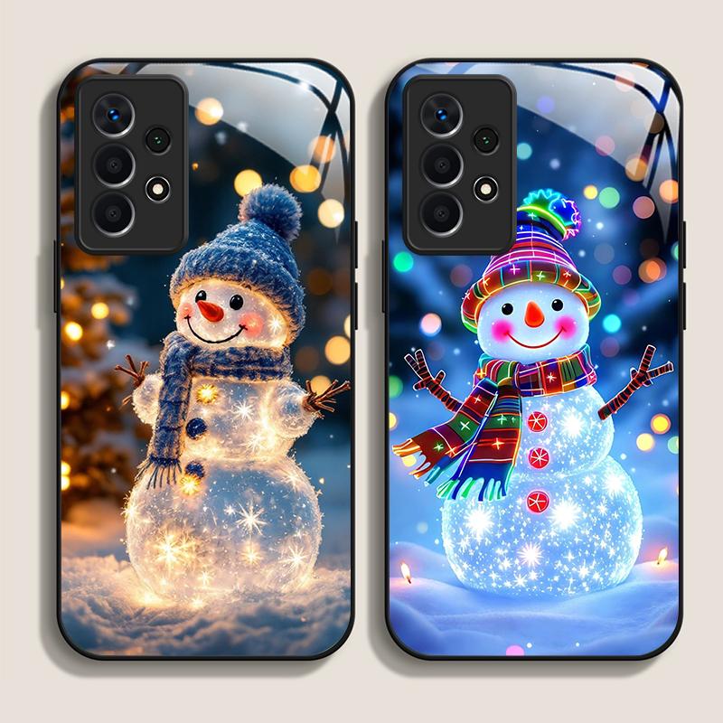 Winter Christmas Snowman Pattern Tempered Glass Phone Case for Samsung Galaxy S25 Ultra S24 S23 Plus S22 S21 S20 FE A56 5G Cover