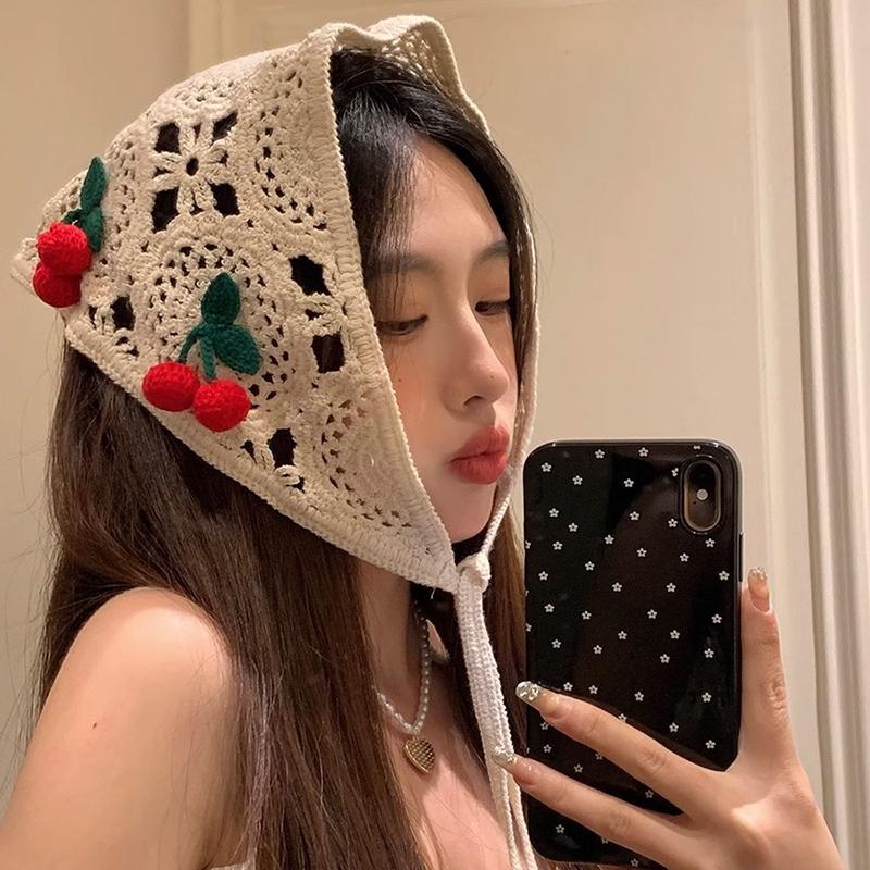 Knitted Triangle Headband Cute Little Cherry French Pastoral Style Headband Towel Crochet Flower Headscarf