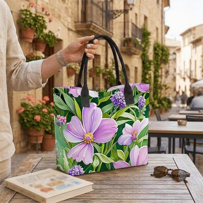  Purple Floral Tote Bag Casual Daily Handbag Lightweight Reusable Shopping Bag for Women