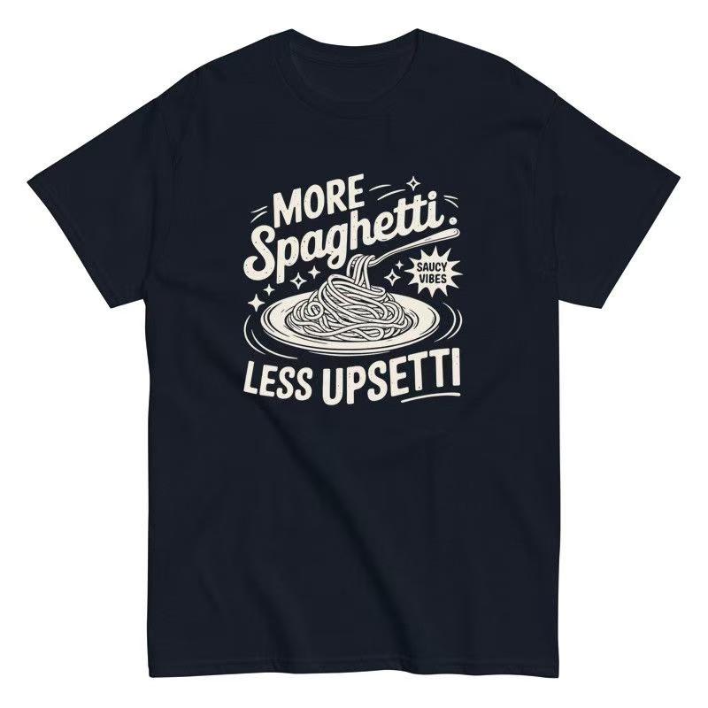 2025 Summer and Autumn Fun Pasta Print T-shirt loose and casual short-sleeved men's and women's sportswear top