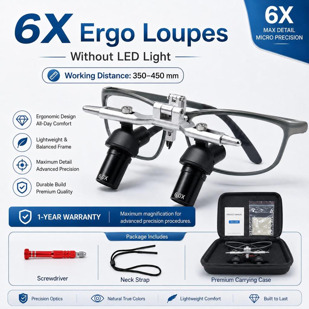 Ergo Optical Dental Loupes 48° 6X Flip Up Loupes for Oral Surgery Comfortable Alternative To Bending And Lowering Head