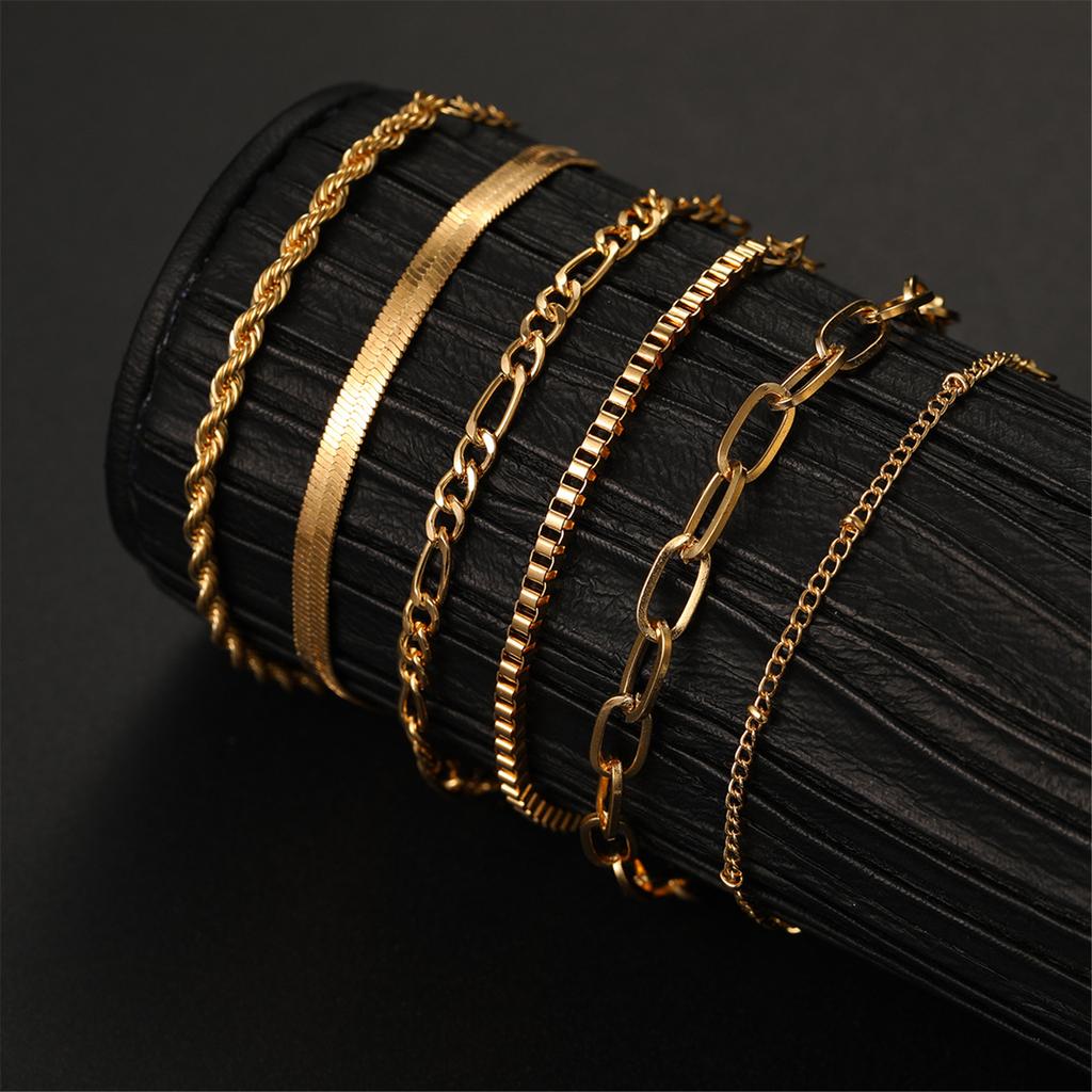 6 Pieces Fashionable 14K Gold Plated Bracelet Set Accessory for Women Thin Cuban Link and Paperclip Chain Designs