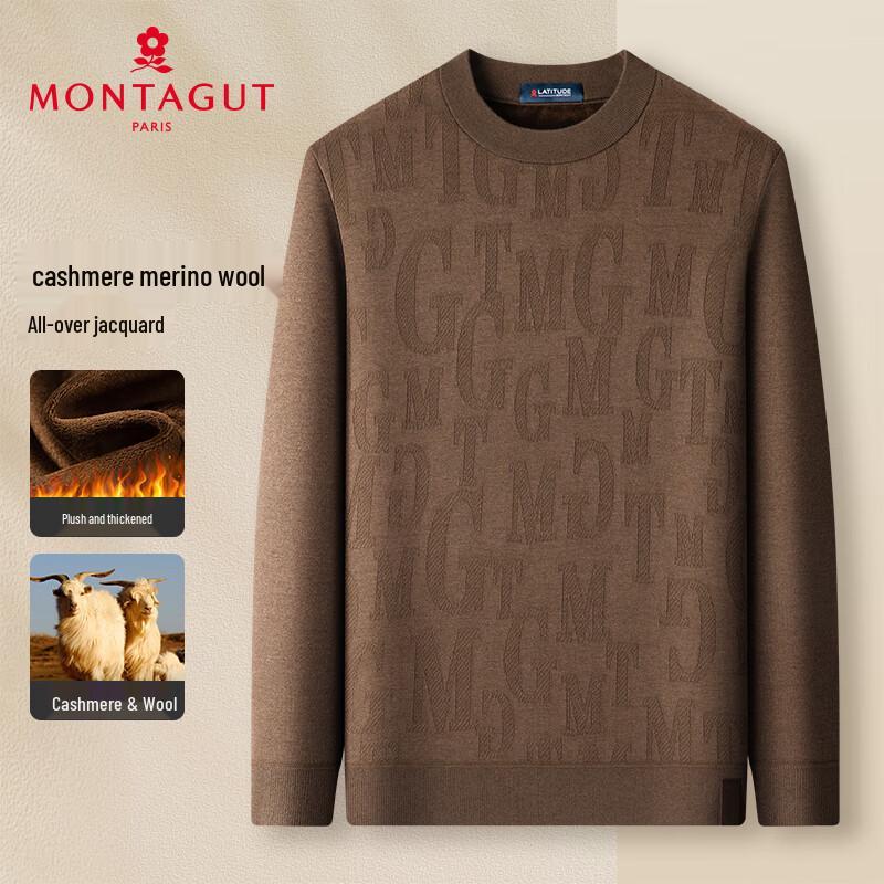 MONTAGUT Men's Cashmere Blend Fleece-Lined Crew Neck Sweater
