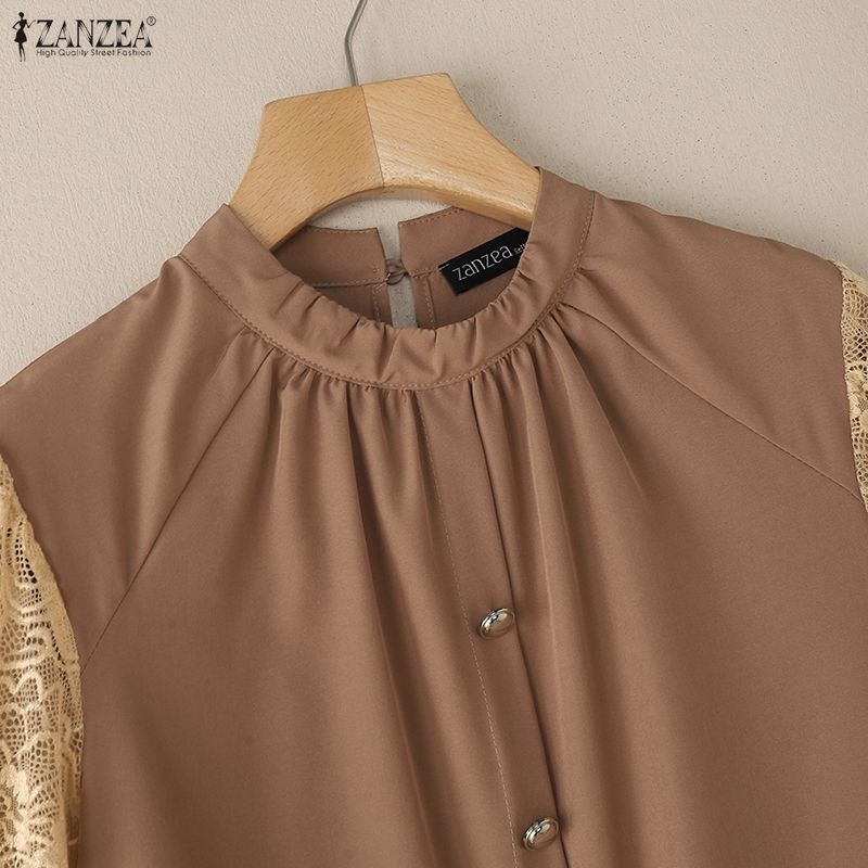 ZANZEA Women Casual Round Neck Lace Splice Short Sleeve Blouse Summer