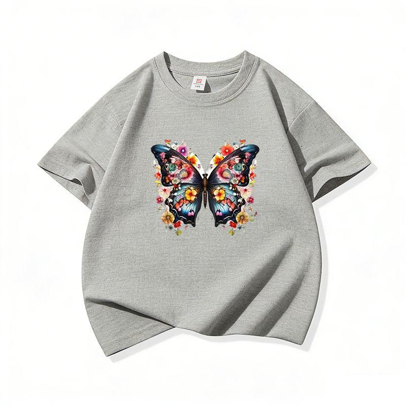 Kids Cotton T Shirt Dark Blue Butterfly With Colorful Flowers Print Crew Neck Short Sleeve Tee Casual Boys Girls Summer Tops