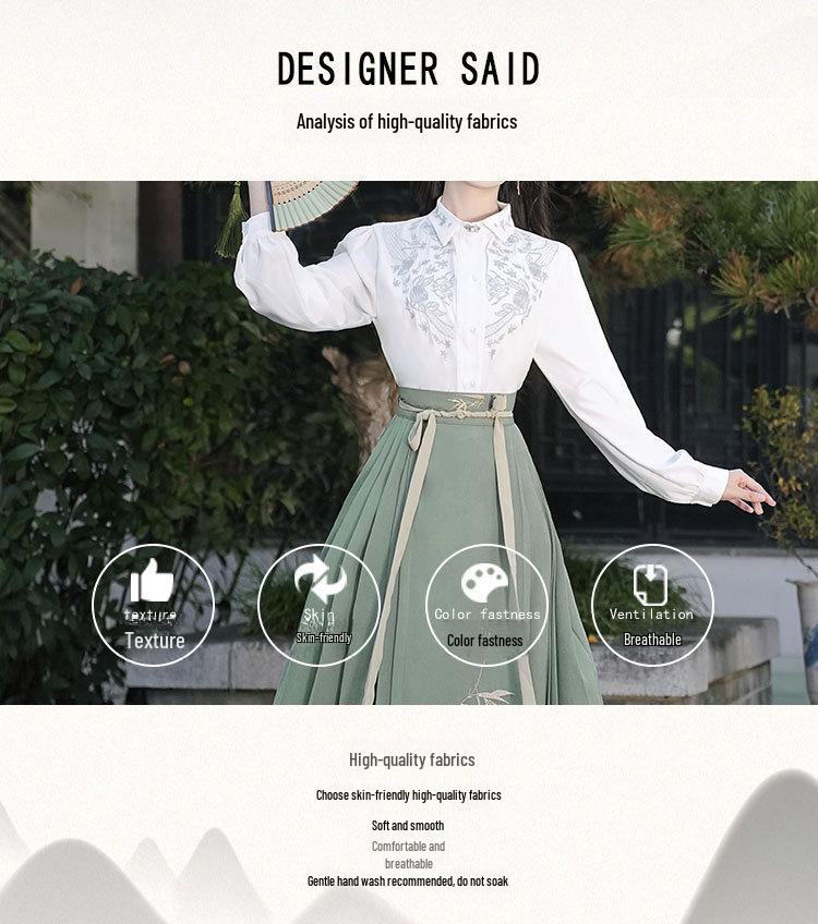 Embroidered Flower Chinese Hanfu Set: Short Sleeve Top & Horse-Face Skirt