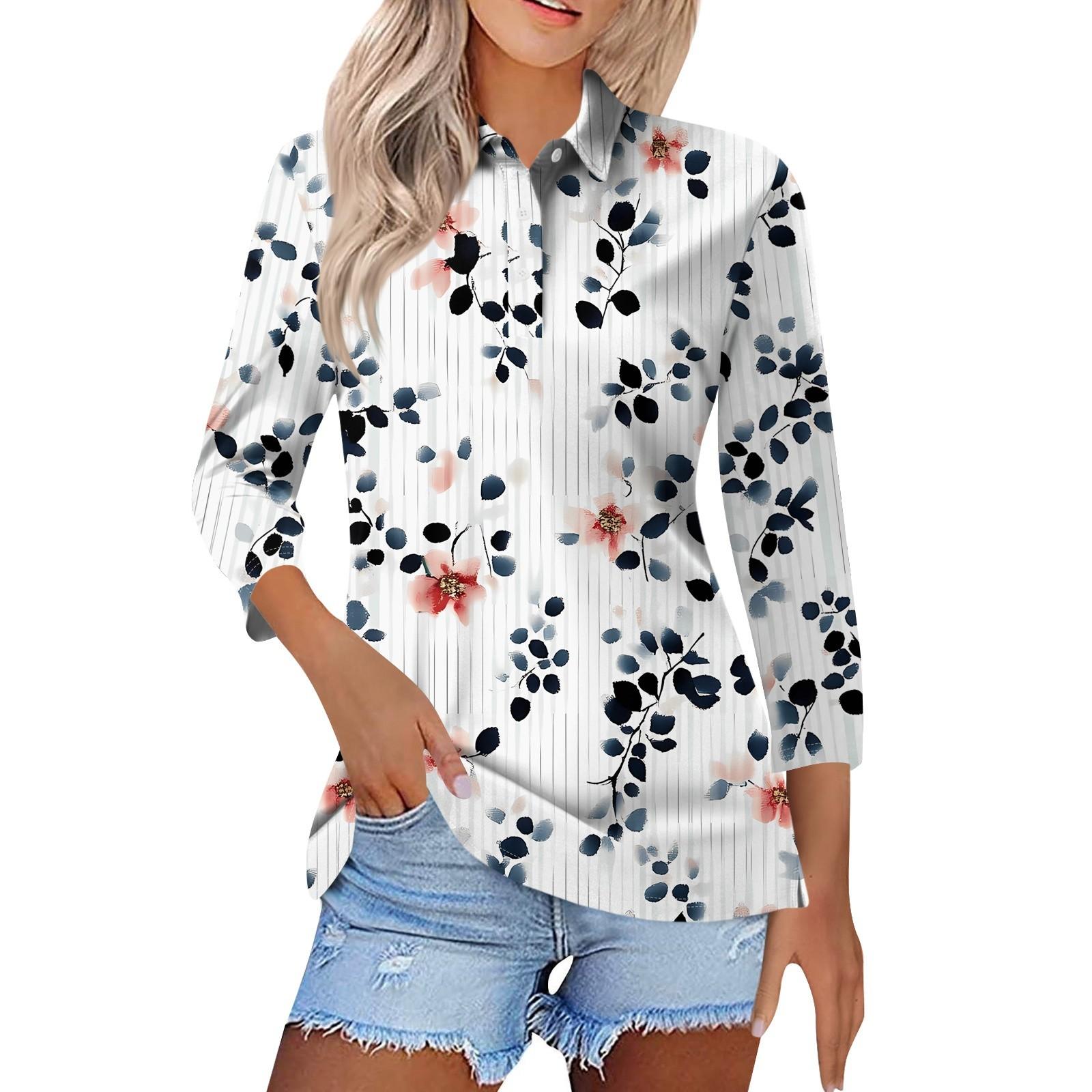 

Жіноча модна повсякденна сорочка з принтом і короткими рукавами 3/4, жіночі топи на ґудзиках XL білий