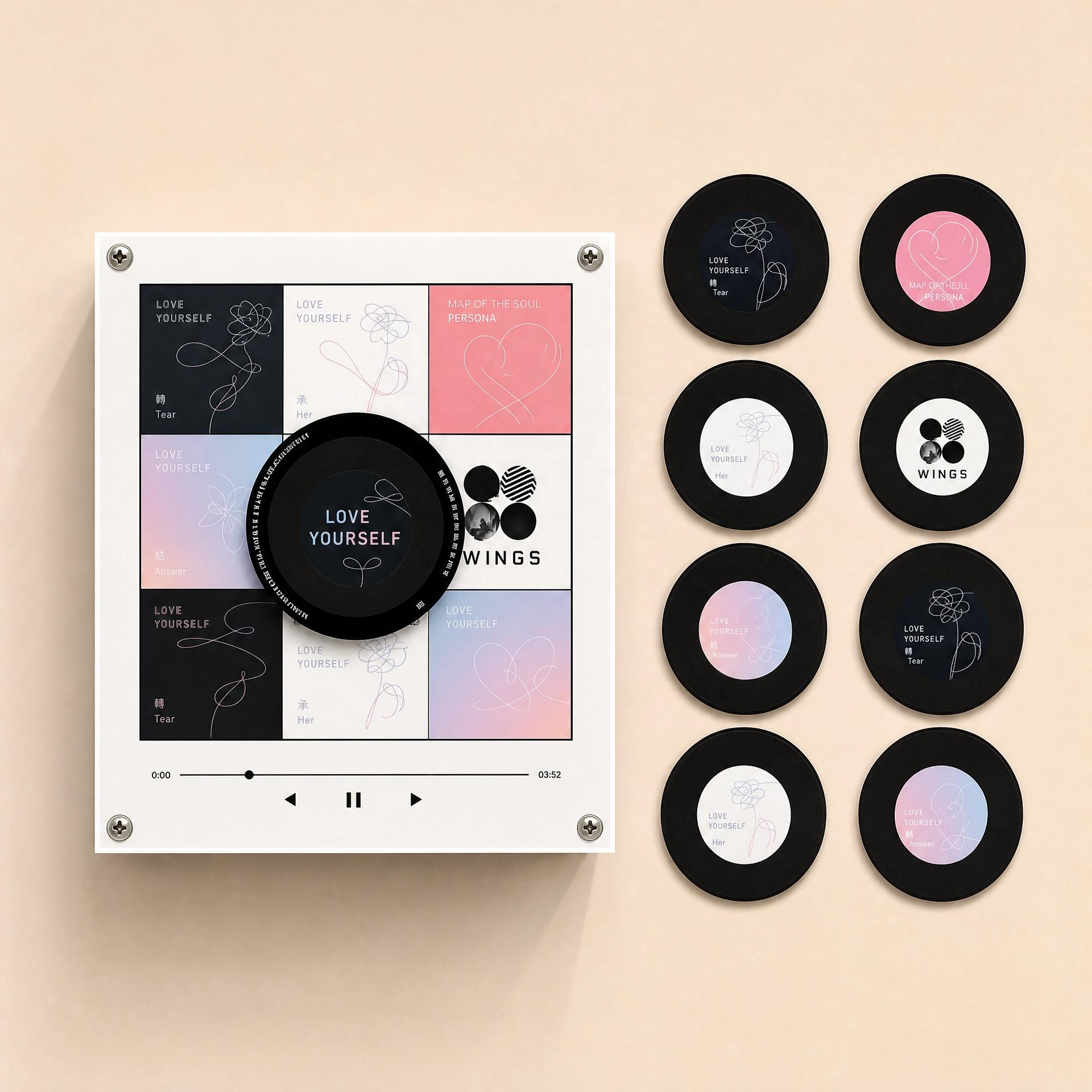 Ready to Ship BTS Kpop Collectible NFC Fridge Magnet Rotatable Vinyl Music Player LED Light Factory Direct Supply (White,BTS)
