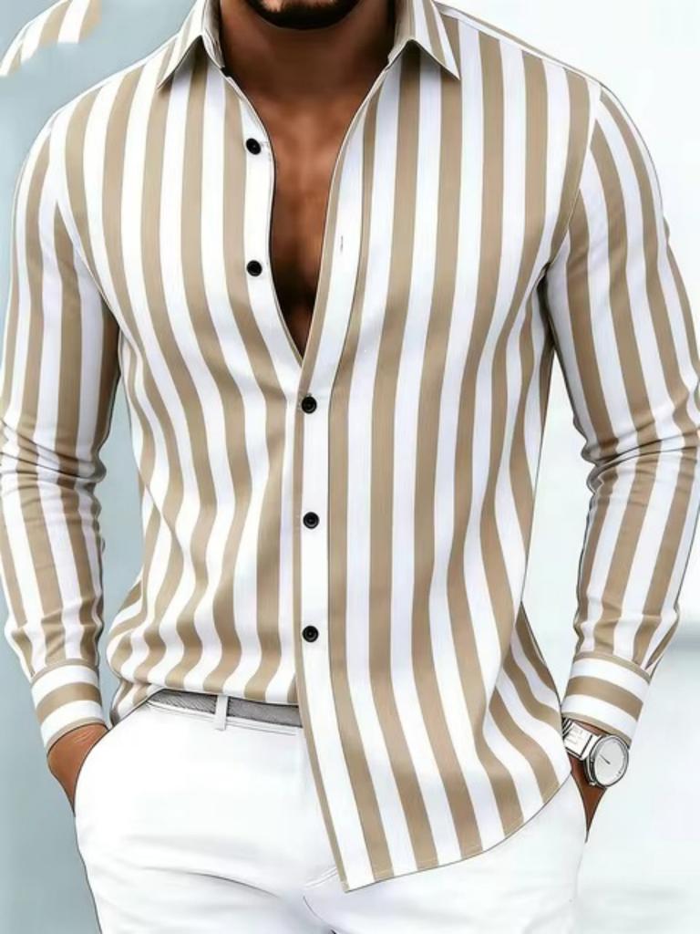 Trendy Striped Long-Sleeve Shirt, Slim Fit Casual Button-Up for Men