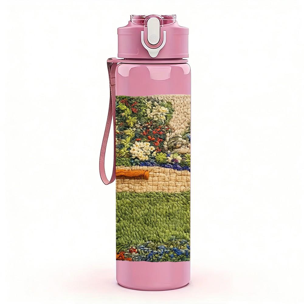 1PC Garden Pond Flower Scenery Print 750ml Color Plastic Sports Water Bottle Leakproof Flip Straw Lid Suitable for Sports Office Home Use