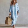 Women Striped V-Neck Loose Dress Elegant Casual Stylish Half-Sleeved Ankle Dress Female Outdoor Vacation Style Beach Dress