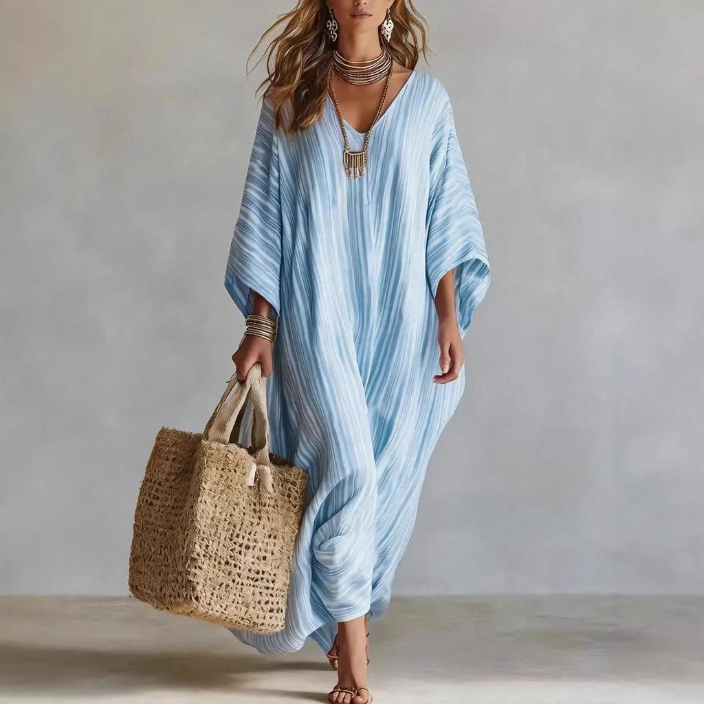 Women Striped V-Neck Loose Dress Elegant Casual Stylish Half-Sleeved Ankle Dress Female Outdoor Vacation Style Beach Dress