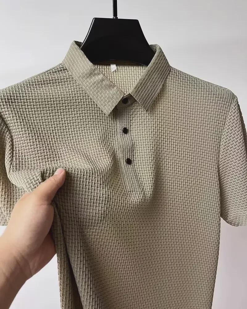 Men's Summer Ice Silk Mesh Polo Shirt with Short Sleeves and Colorful Collar.