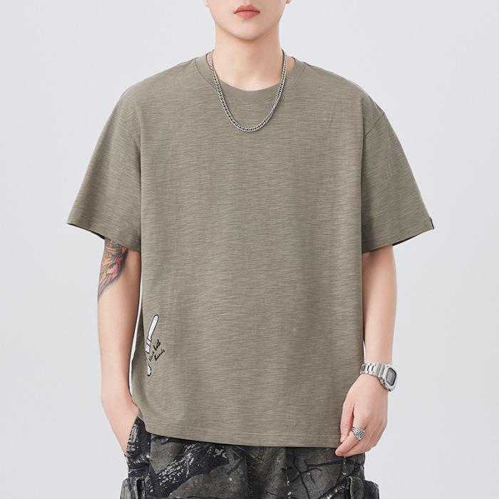 Summer Embroidered Short-sleeved T-shirt for Men Loose Round Neck Five-point Sleeve T-shirt Versatile Rest Simple