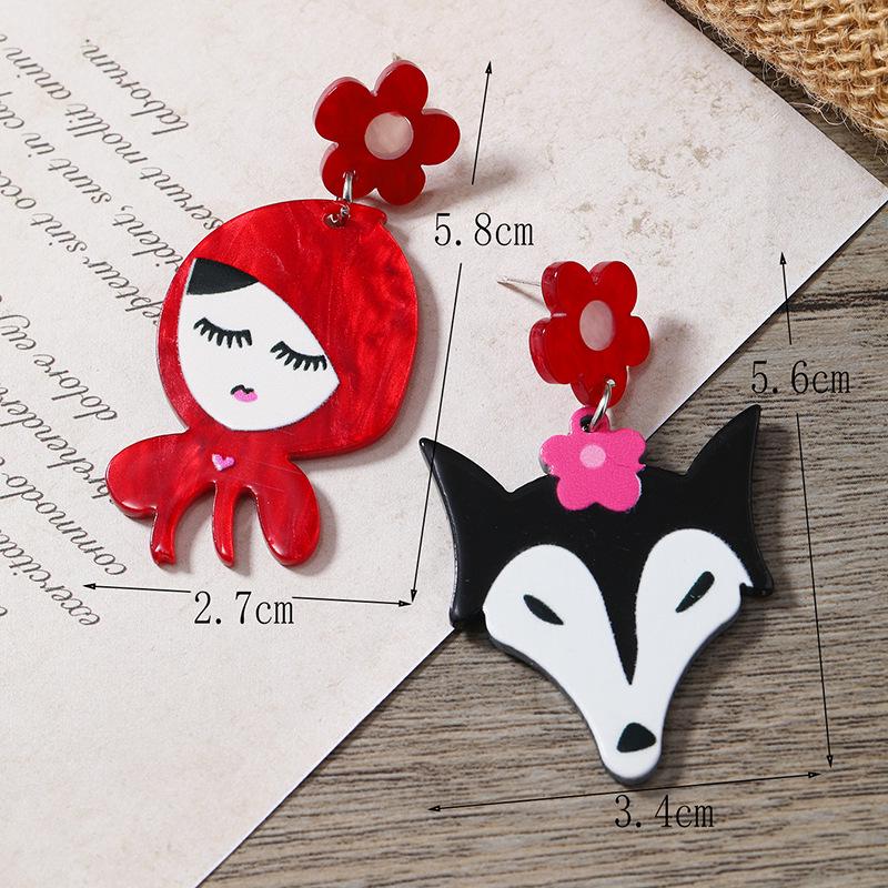 Big Bad Wolf & Little Red Riding Hood Asymmetrical Acrylic Earrings чёрный/красный