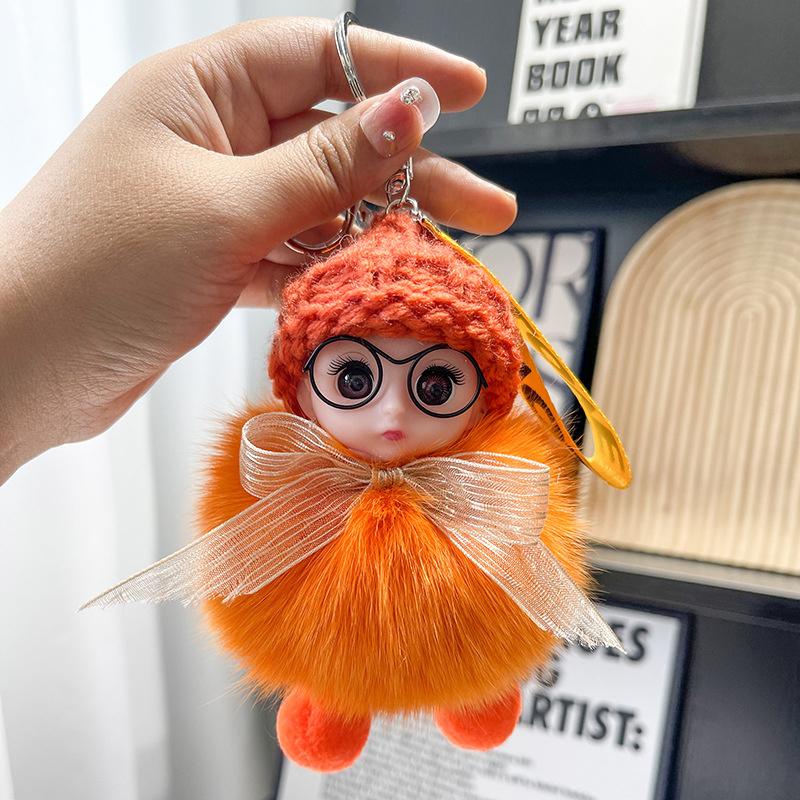 Pompom Sleeping Baby Keychain Cute Fluffy Plush Doll Keyholder Women Girl Bags Keyrings Cars Key Ring Gift Charming Decoration