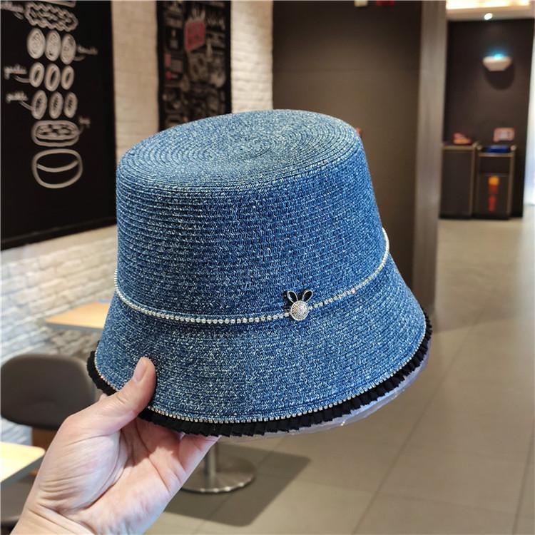 Spring and Summer New Straw Bucket Hat Fashion Bright Diamond Lace Bucket Hat Sun Protection Shade Straw Hat Children