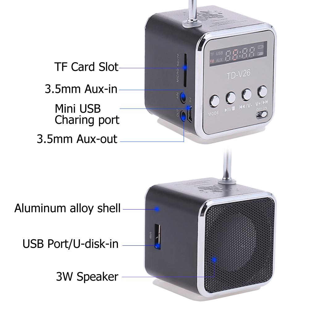 Portable TD-V26 Mini FM Radio Speaker with LCD Display and TF Card Support Compact Lightweight Design
