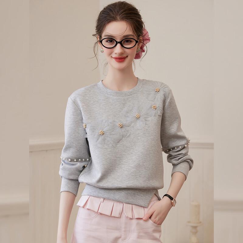 Bailuyu Women s Floral Mesh Beaded Sweet Sweatshirt XL