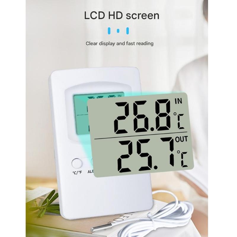 Termometri Elettronici a Doppio Display per Temperatura Ambiente Esterna Filo Sonda 1.5M Alta Precisione Montaggio a Parete Supporto da Tavolo
