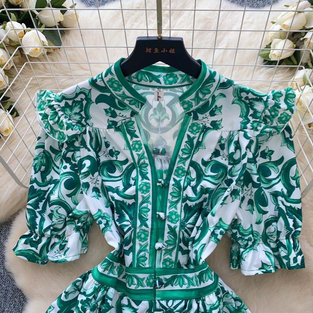 Summer Women Elegant Flare Sleeve Designer Print Runway Dresses V-neck Single Breasted Mini Short Party Dress