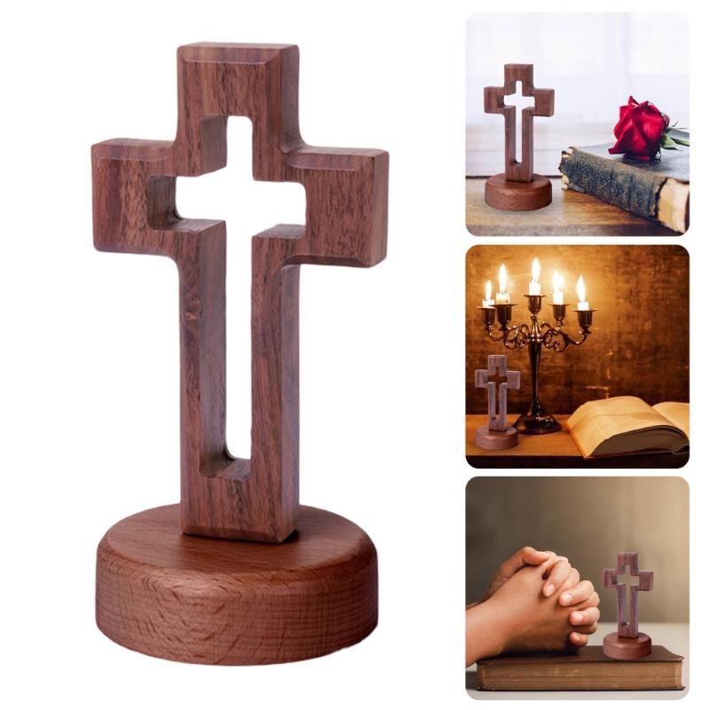 Church Altar Crucifix Statue Walnut Wood Hollow Standing Crosses Ornament with Magnetic Base for Easters Ceremony Decors