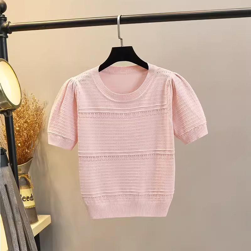 

Летняя тонкая однотонная футболка с вырезом-пузырем и короткими рукавами Pink M