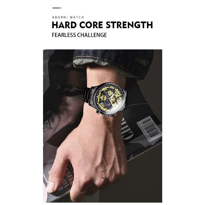 ABORNI Brand Fashion Moon Phase Quartz Watch for Men Luxury Chronograph Watches Mens Stainless Steel Waterproof Luminous Watches
