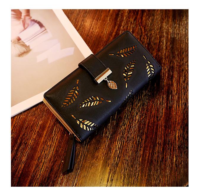 2018 Ladies PU Leather Wallet with Horizontal Zipper & Leaf Design